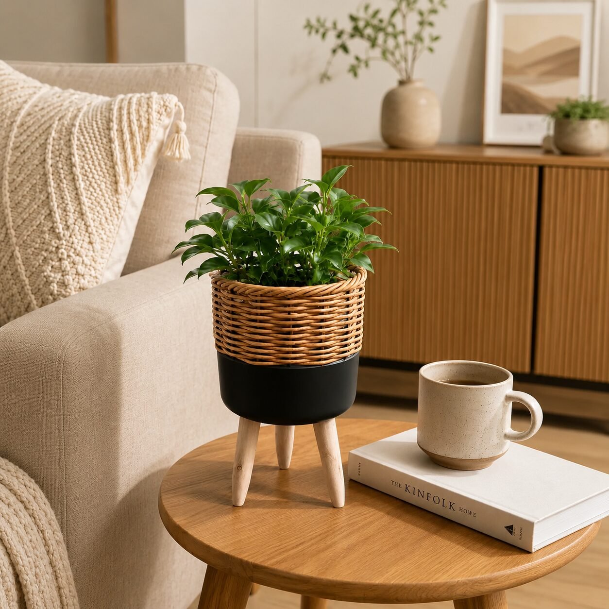Rattan Pflanzständer mit Holzbeinen - Image 2