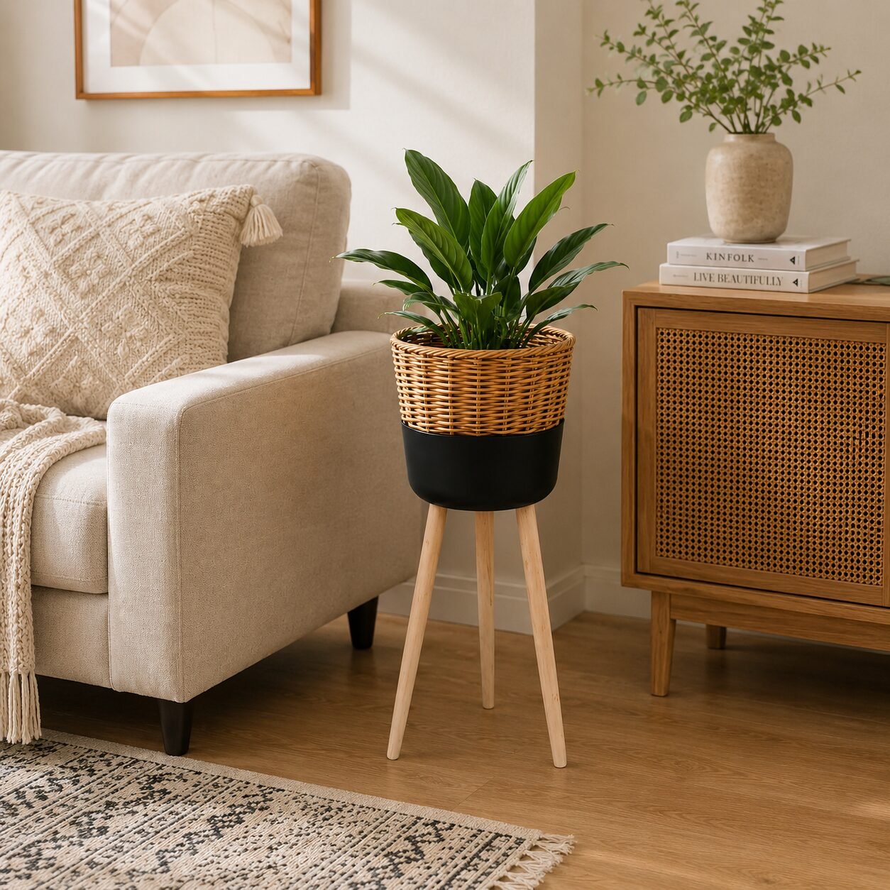 Rattan Pflanzständer mit Holzbeinen - Image 4