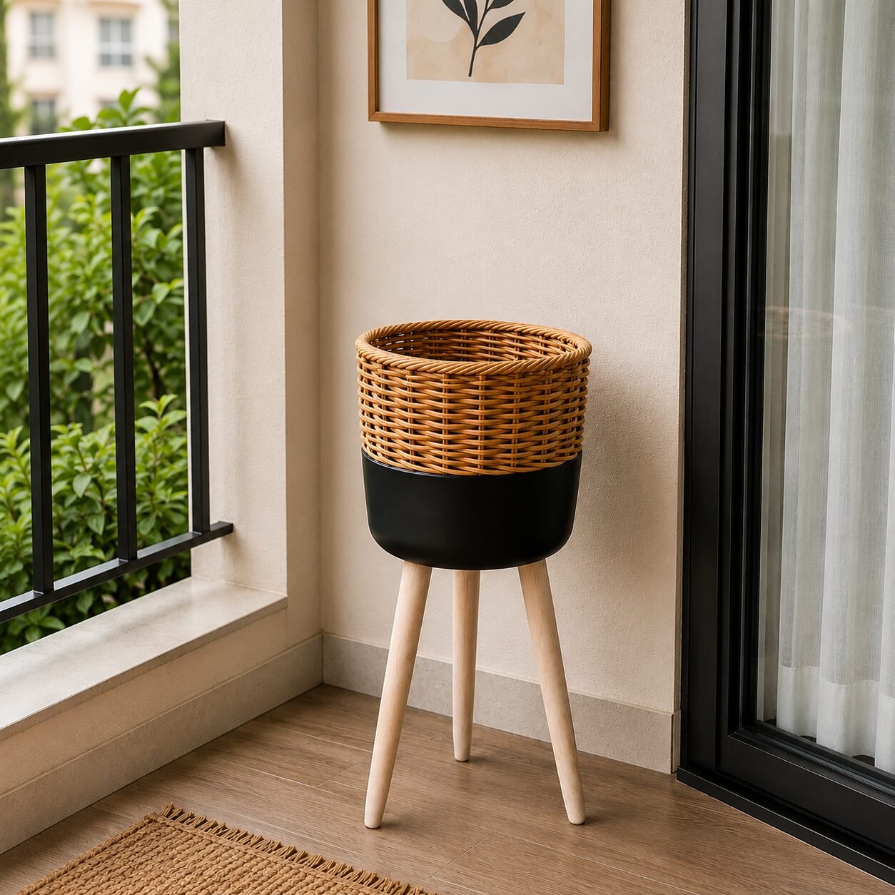Rattan Pflanzständer mit Holzbeinen - Image 3